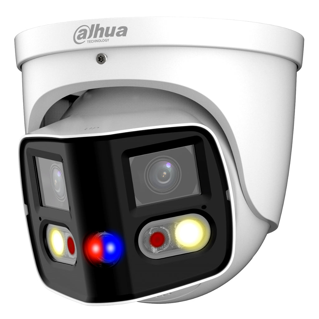 H265 IP Dome 2x4M TiOC DUAL-LENS SPLICING FULL COLOR WDR Starlight LED25m/IR20m 2.8mm IP67 PoE SD AUDIO MIC I/O AI