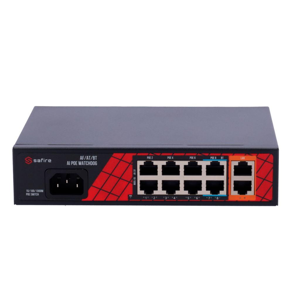 Switch com 8 portas PoE + 2 portas de uplink RJ45