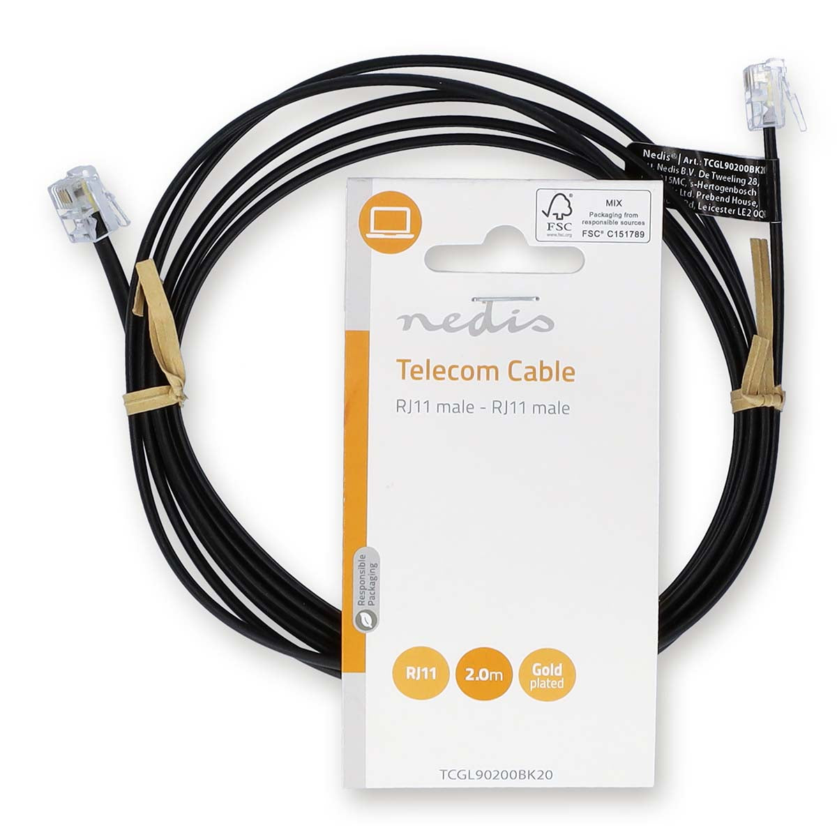 RJ11 Male Telephone Cable | RJ11 Male | 2.00 m | Cable Design: Flat | Gold Plated | Cable Type: RJ11 | Black