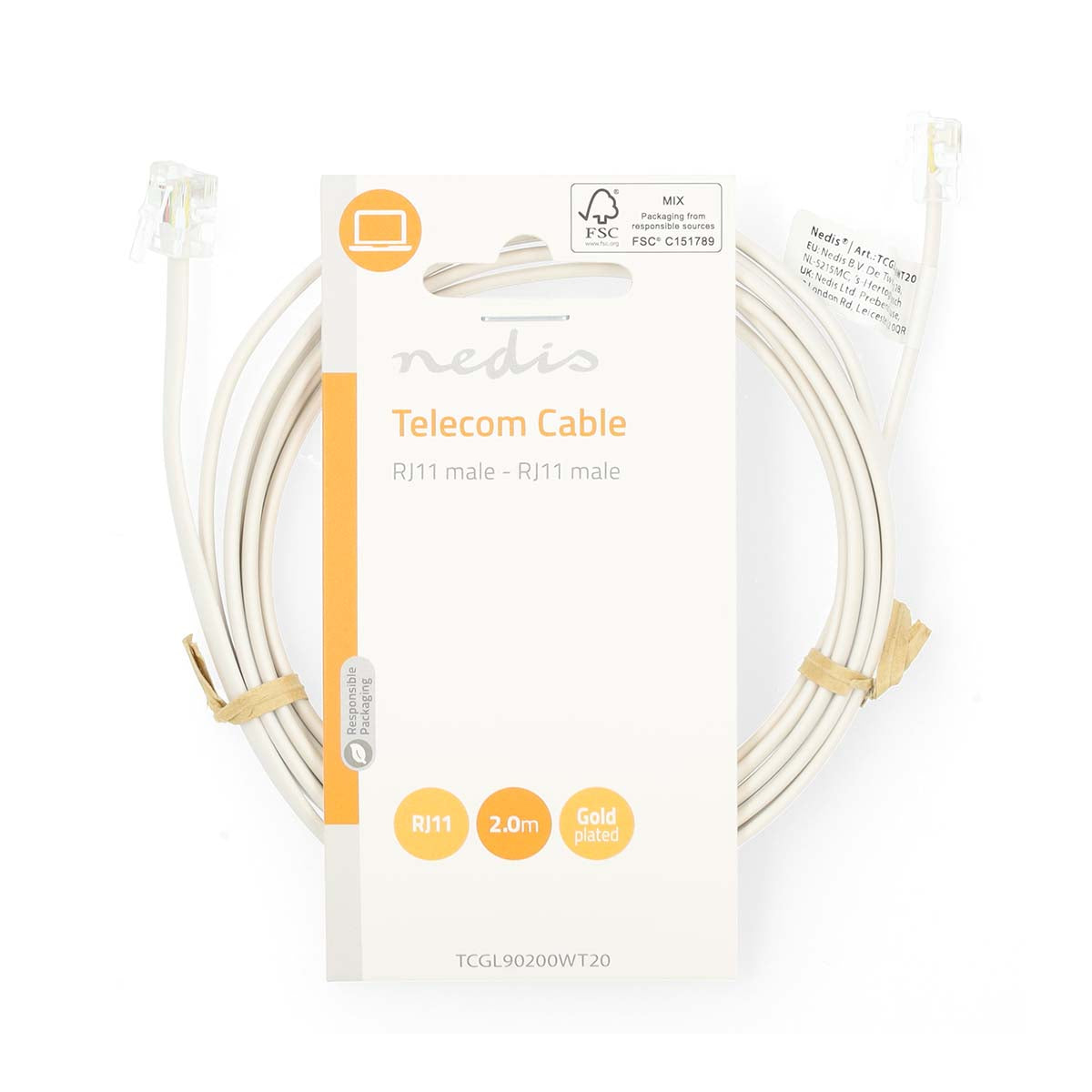 Telephone Cable | RJ11 Male | RJ11 Male | Cable Design: Flat | Nickel Plated | Cable Type: RJ11 | White
