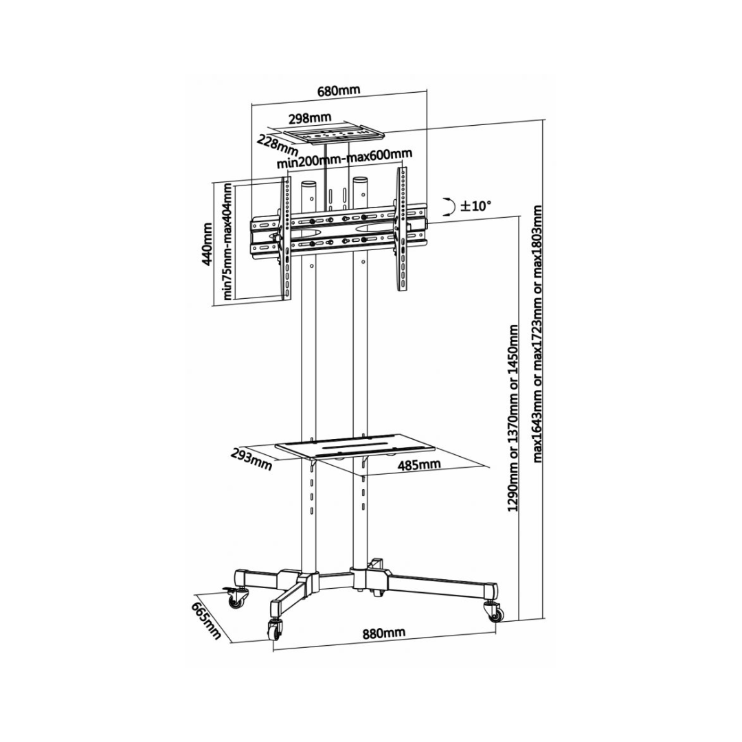 Suporte de chão ecológico com rodas, tabuleiro para DVD e suporte para câmara. (TV 37-70)
