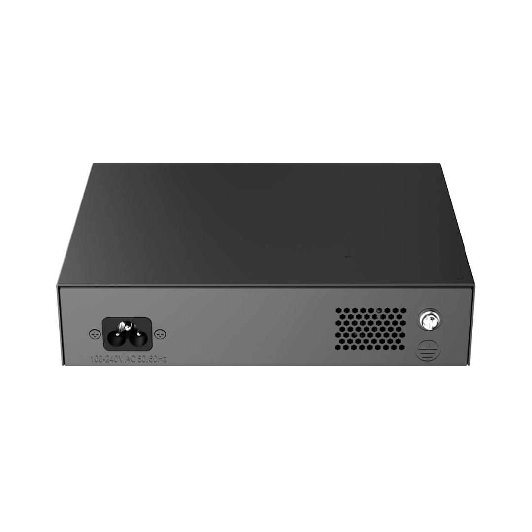 Switch PoE de secretária com 8 portas RJ45 + 1 uplink RJ45 + 1 uplink SFP, potência total de 120 W.