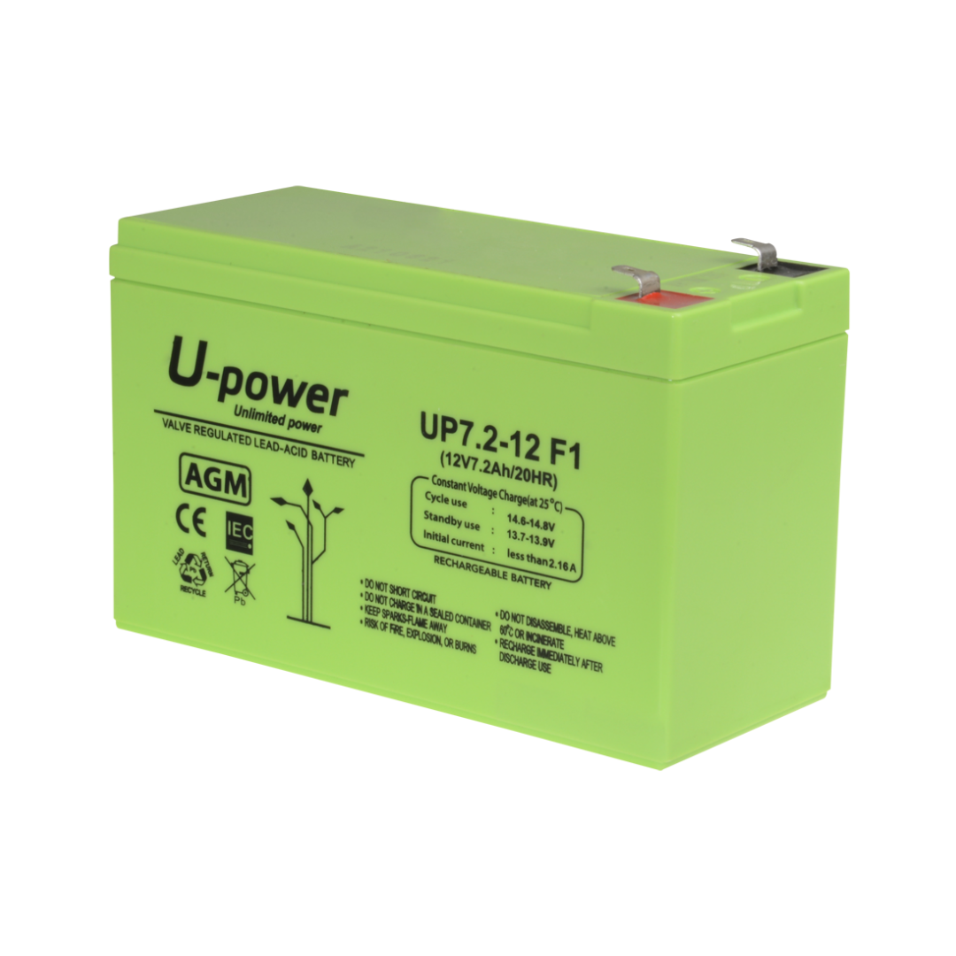 Bateria recarregável Upower, tecnologia de chumbo-ácido AGM, tensão de 12V, capacidade de 7,2Ah, 101 x 151 x 65 mm / 2180 g, para utilização ou como bateria de reserva.