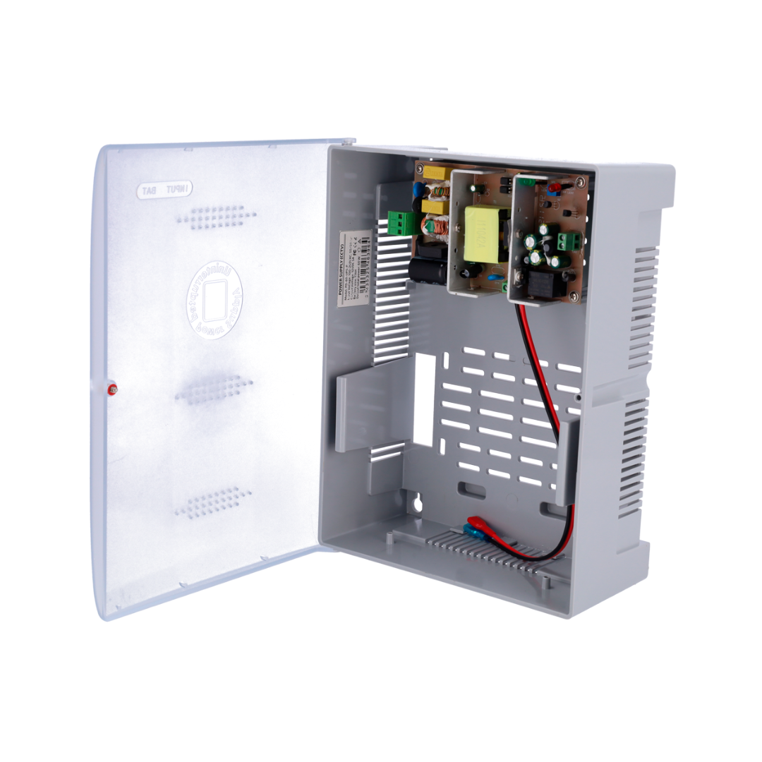 Caixa de distribuição de energia com 1 entrada CA de 100-240V 50/60Hz e tensão de saída CC de 12V 5A. Invólucro em plástico.