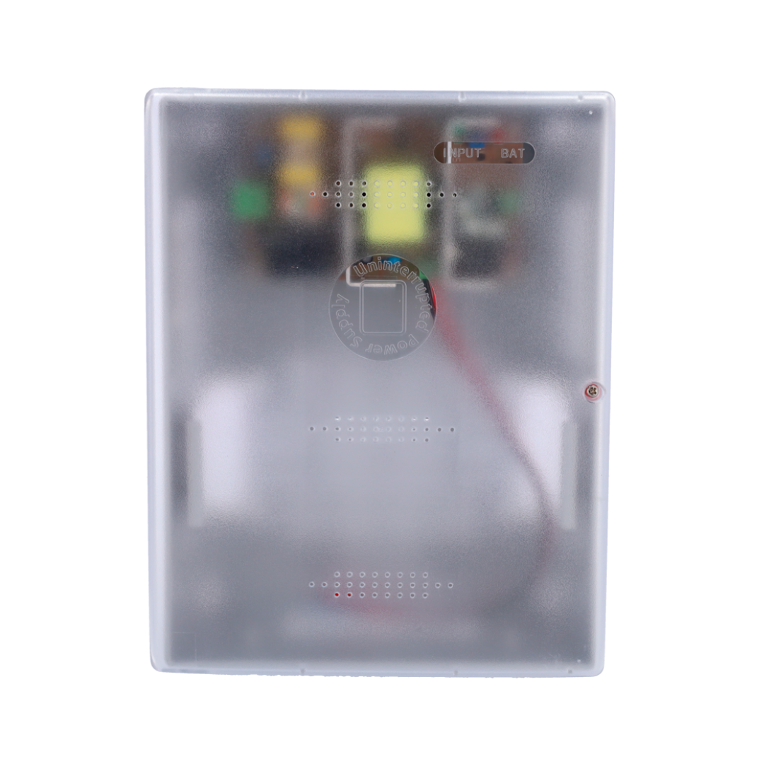 Caixa de distribuição de energia com 1 entrada CA de 100-240V 50/60Hz e tensão de saída CC de 12V 5A. Invólucro em plástico.