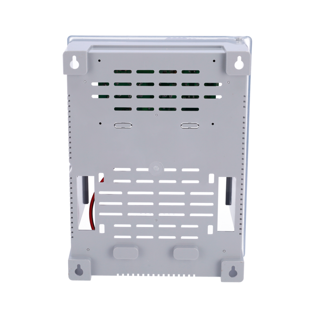 Caixa de distribuição de energia com 1 entrada CA de 100-240V 50/60Hz e tensão de saída CC de 12V 5A. Invólucro em plástico.