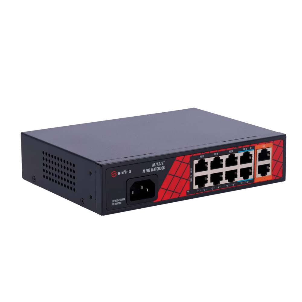 Switch com 8 portas PoE + 2 portas de uplink RJ45