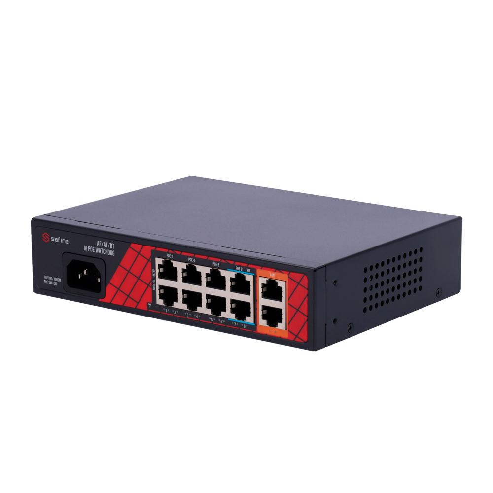 Switch com 8 portas PoE + 2 portas de uplink RJ45