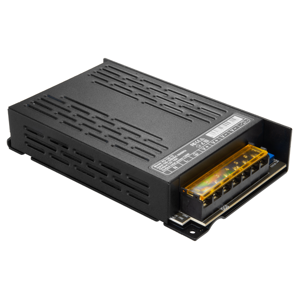 Fonte de alimentação comutada | Entrada CA 100V~240V | 2 saídas de par de cobre | Saída CC 12V/120W | Tensão de saída ajustável a 1,5V | Carcaça metálica