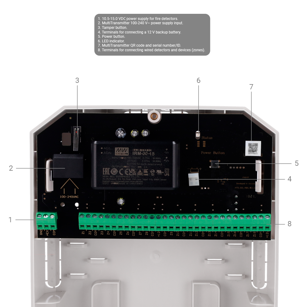 AJAX radio multi-transmitter with up to 18 wired alarm and tamper inputs. Configurable alarm.