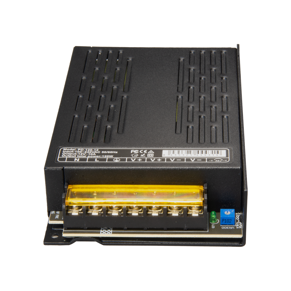 Fonte de alimentação comutada | Entrada CA 100V~240V | 2 saídas de par de cobre | Saída CC 12V/120W | Tensão de saída ajustável a 1,5V | Carcaça metálica