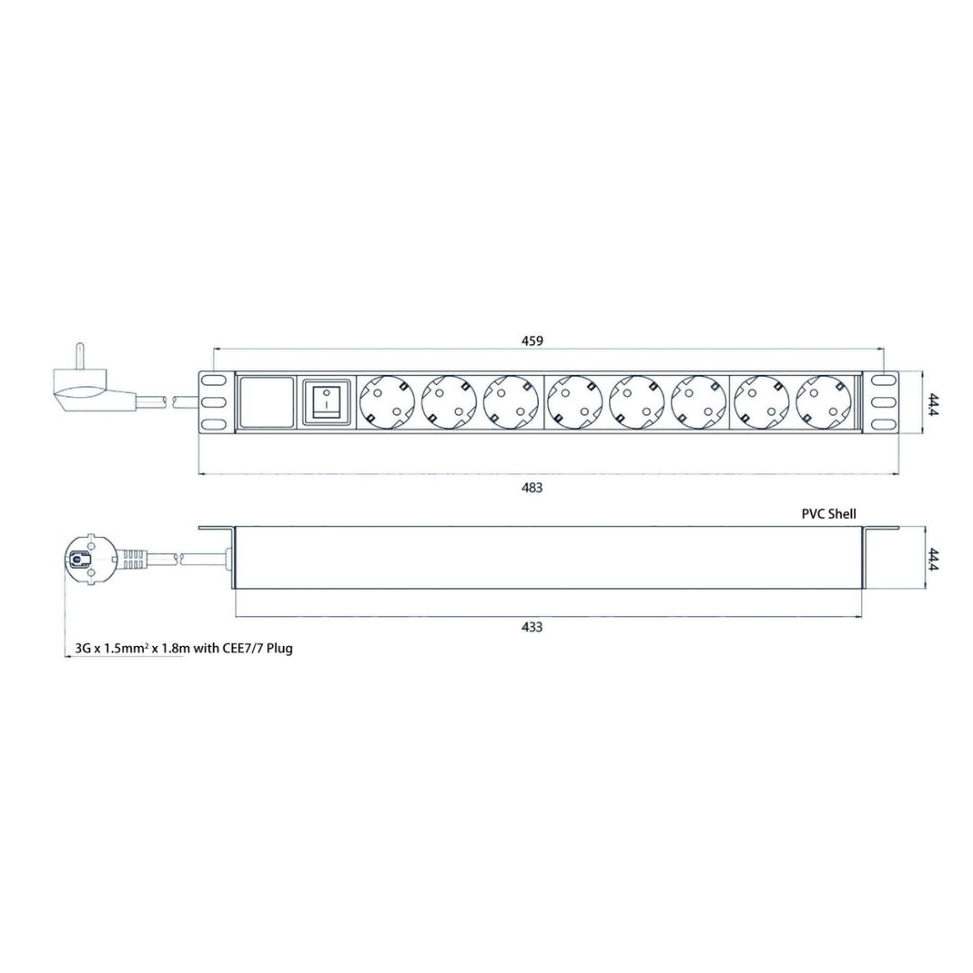 19" Rack Power Strip with 8 Outlets and Switch and 2m Cable