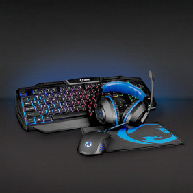 Kit Gaming Combo | 4-en-1 Teclado, Headset, Ratón y Alfombrilla de Azul / Negro Qwerty ND Diseño