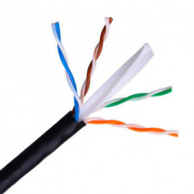 Cable de red Exterior Impermeable Rj45 Cat.6 UTP Rígido Awg24, Negro, Bobina 100 Metros 100% Cobre Para la Instalación, Resiste