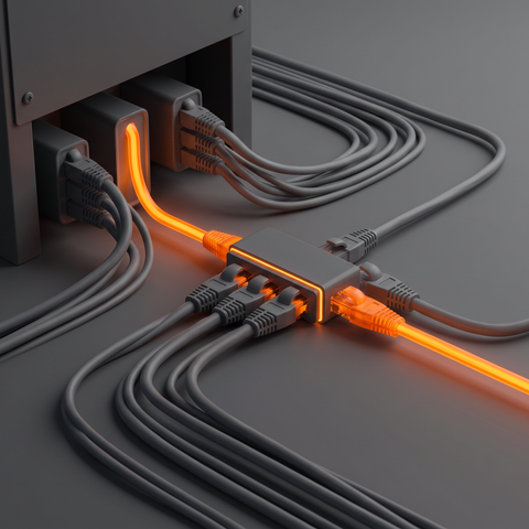 Cable de red Ethernet conectado a un portátil para diagnosticar el límite de 100 Mbps