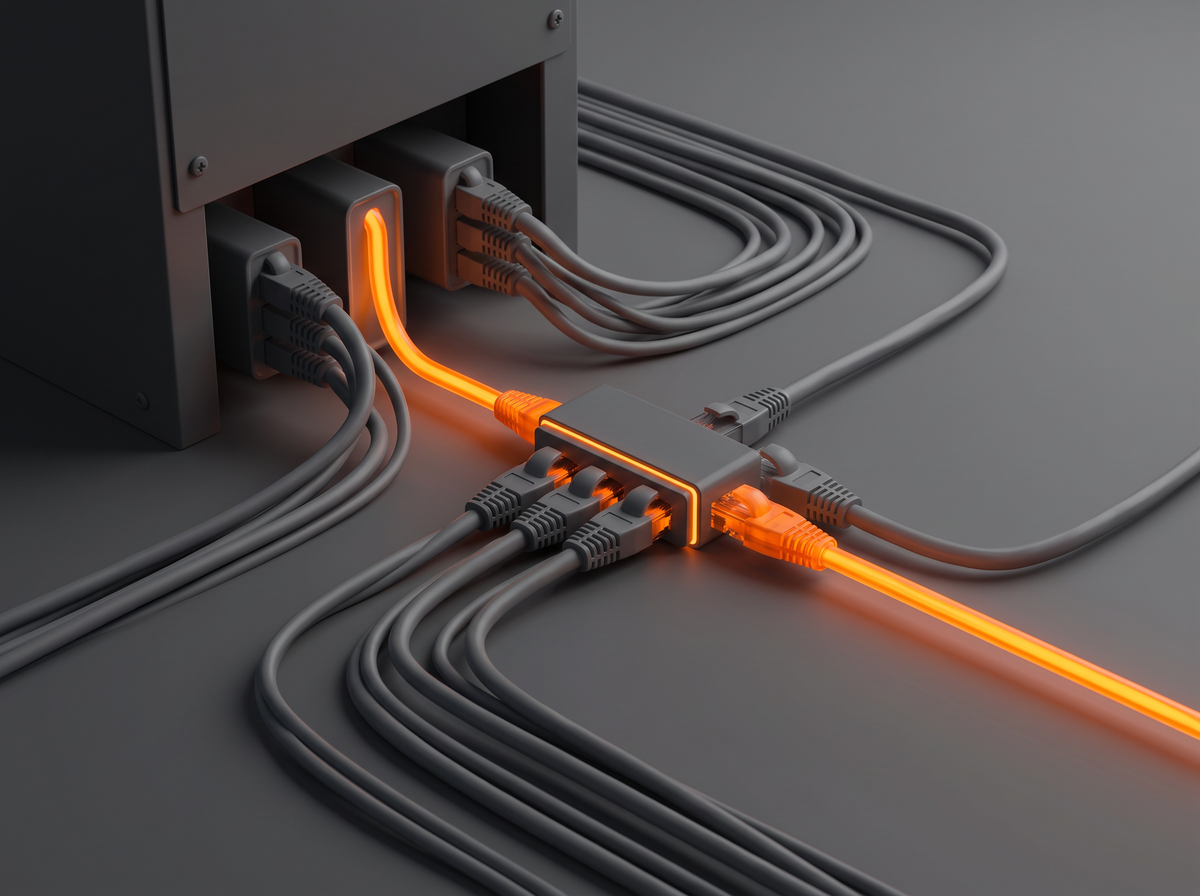 Cable de red Ethernet conectado a un portátil para diagnosticar el límite de 100 Mbps