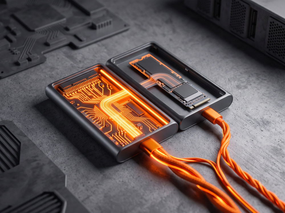SSD M.2 junto a una carcasa externa USB