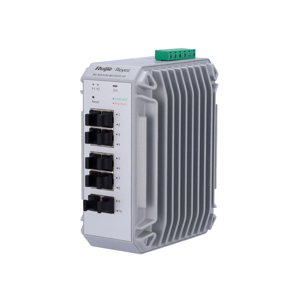Switch industrial Reyee PoE Cloud Layer 2 com 8 portas Gigabit PoE+ + 2 portas Gigabit SFP, 30 W por porta, 802.3af/at / Potência máxima de 240 W.
