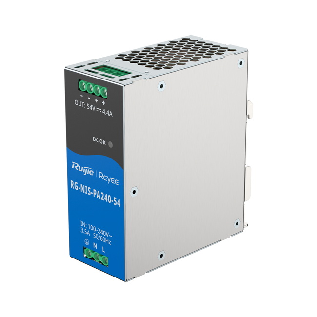 Fuente de alimentación industrial carril DIN Reyee RG-NIS-PA240-54 de 54 V 240 W, vista frontal
