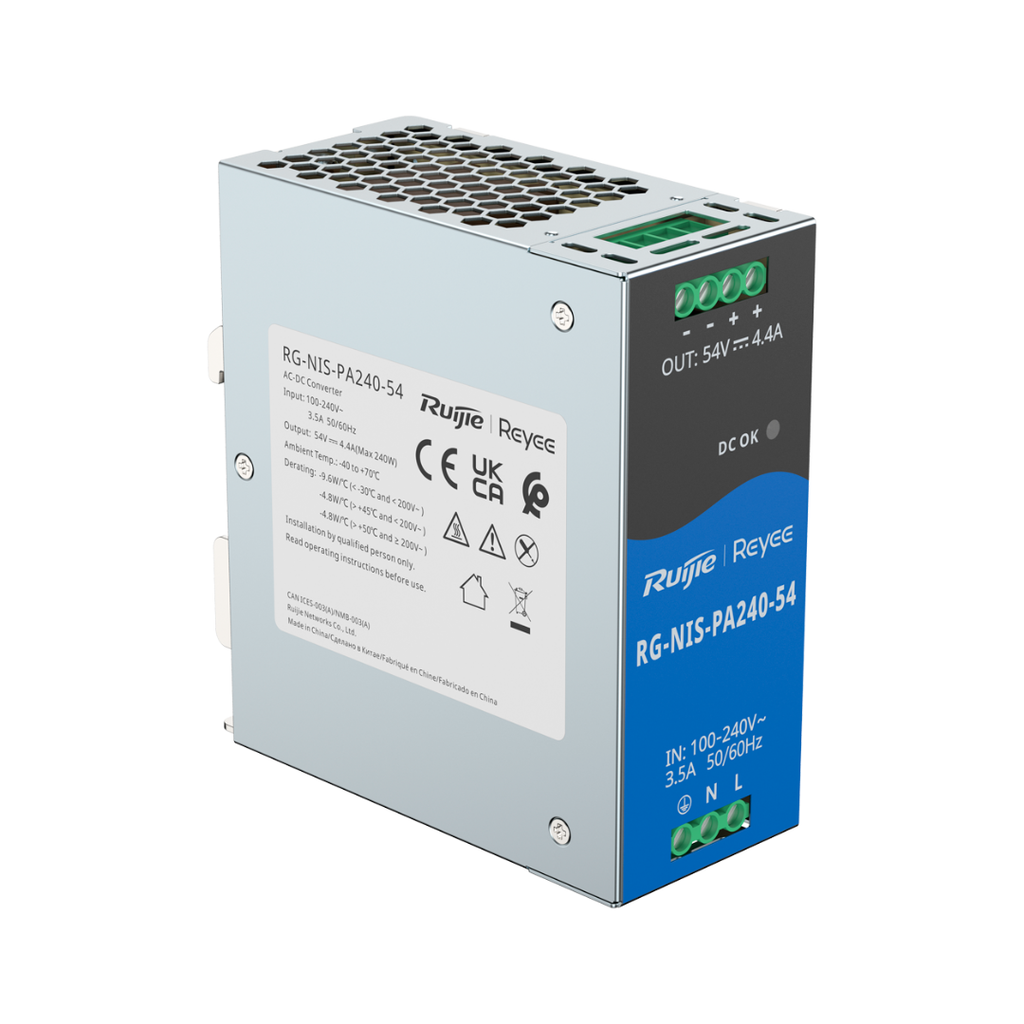 Fuente de alimentación Reyee RG-NIS-PA240-54 de 240 W para carril DIN, vista lateral