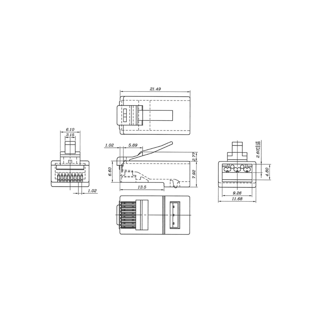 Conector RJ45 macho CAT 6A UTP de 10u com guia
