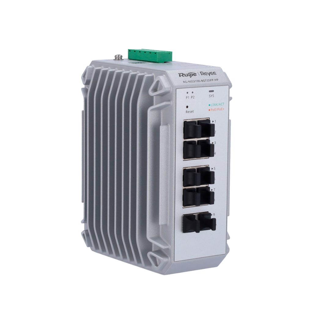 Switch industrial Reyee PoE Cloud Layer 2 com 8 portas Gigabit PoE+ + 2 portas Gigabit SFP, 30 W por porta, 802.3af/at / Potência máxima de 240 W.