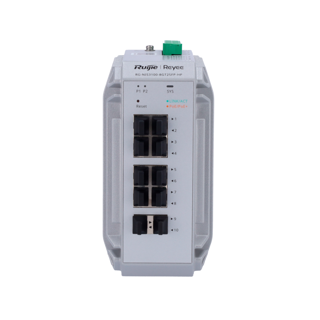 Switch industrial Reyee PoE Cloud Layer 2 com 8 portas Gigabit PoE+ + 2 portas Gigabit SFP, 30 W por porta, 802.3af/at / Potência máxima de 240 W.