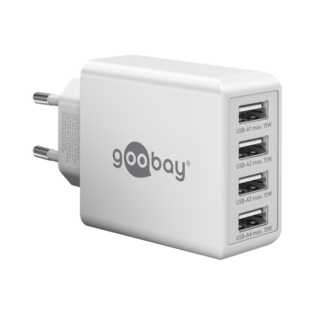 Carregador multiporta USB-A de 30 W, cor branca
