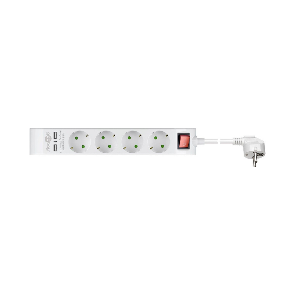 Régua de tomadas com 4 entradas + 2 portas USB, branca, 1,4 metros