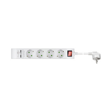 Régua de tomadas com 4 entradas + 2 portas USB, branca, 1,4 metros