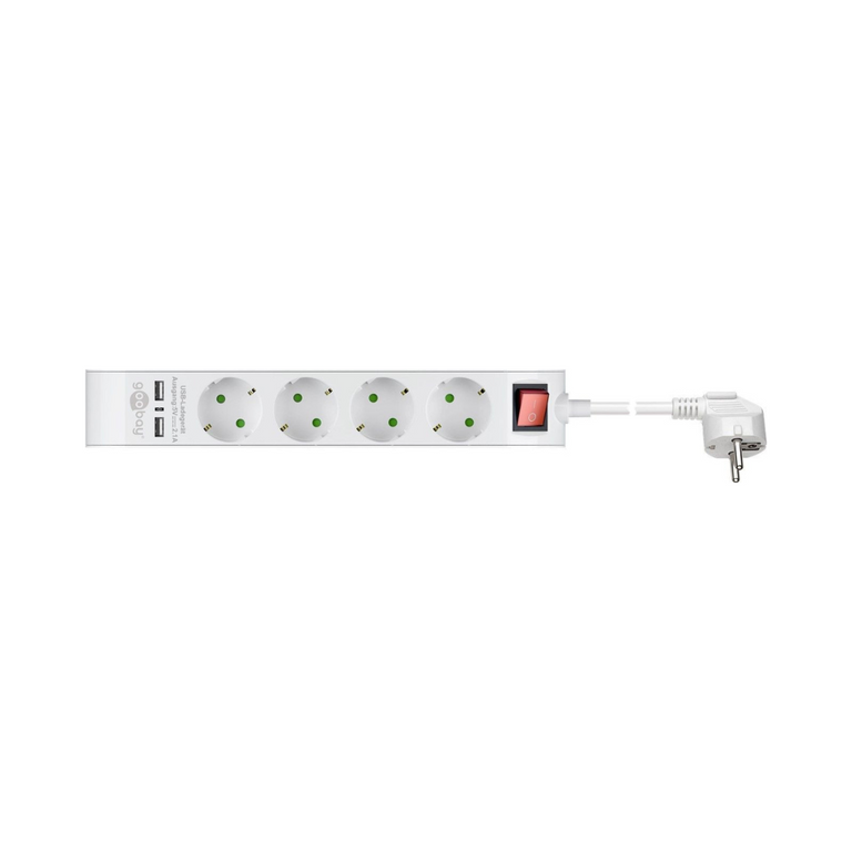 Régua de tomadas com 4 entradas + 2 portas USB, branca, 1,4 metros