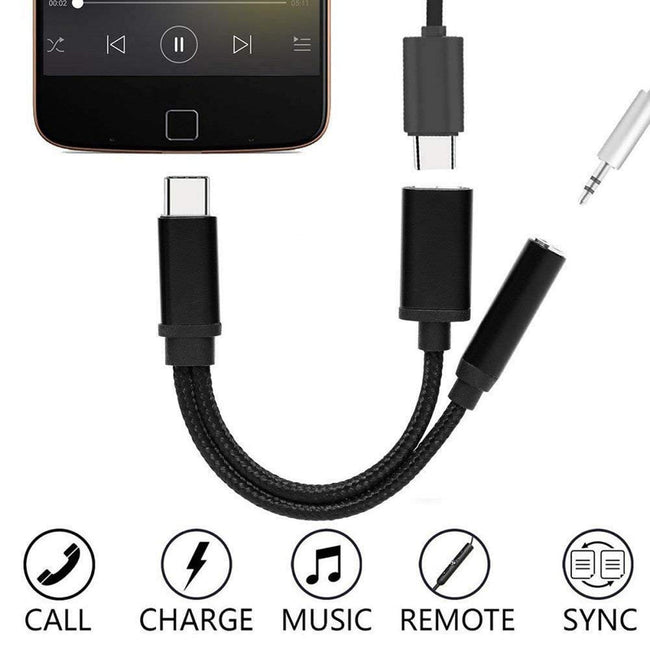 Adaptador USB-C macho para minijack fêmea de 3,5 mm + USB-C