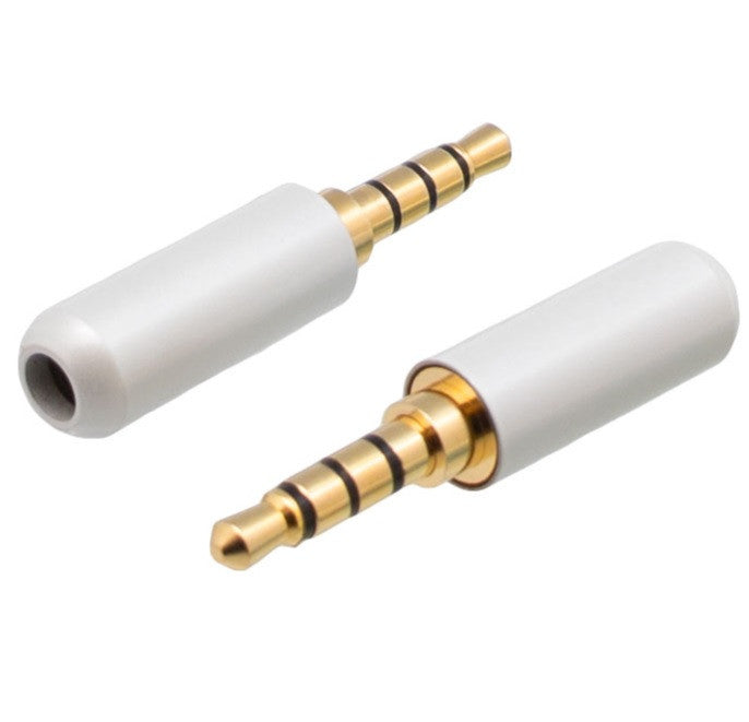 Conector Mini Jack Macho de 3,5 mm, 4 Vias, Soldável, Branco.