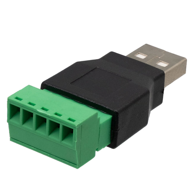 Conector USB 2.0 tipo A macho con terminal de tornillo, vista de las bornas verdes para el cableado