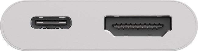 White USB-C to HDMI adapter, close-up of the female HDMI output and the USB-C charging port