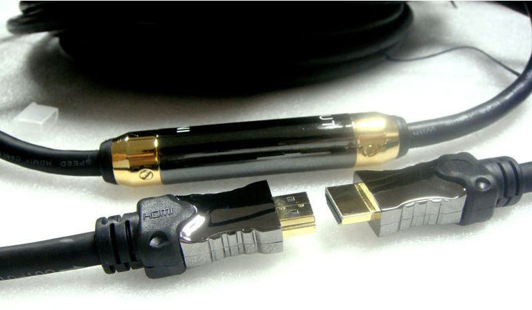 Super HDMI Cable with Self-Powered Extender - 25m - Nylon (Blue Color) + Aluminum Connectors.