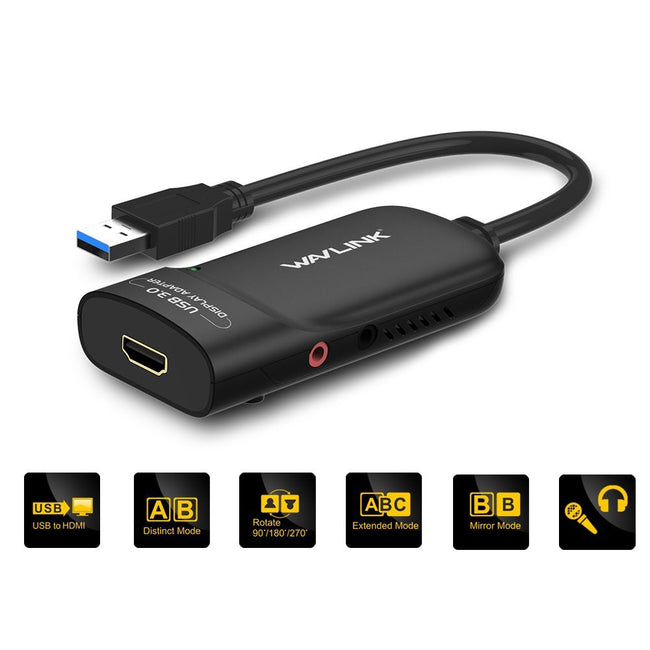 Black WAVLINK USB 3.0 to HDMI adapter with HDMI output and audio jack, next to its mode icons