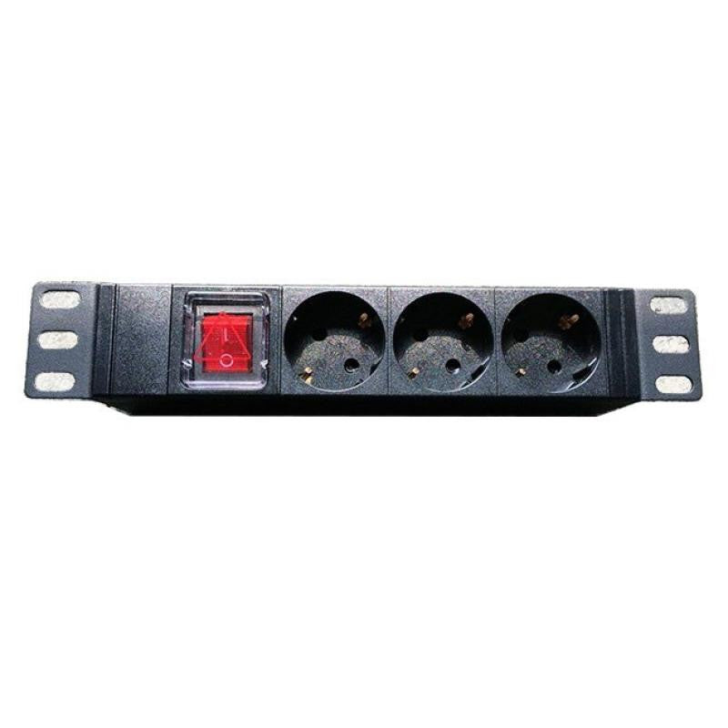 Régua de tomadas para rack de 10 polegadas com 3 tomadas, interruptor e cabo de 2 metros.