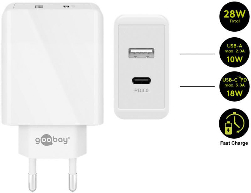Carregador rápido USB-C duplo - PD (Power Delivery) (28 W) Branco
