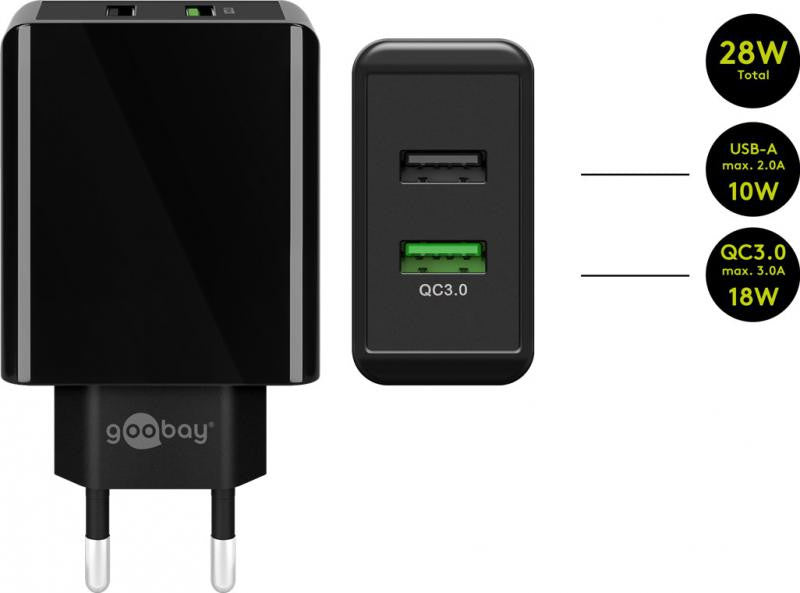 Carregador rápido USB duplo / QC3.0 (28 W) Preto