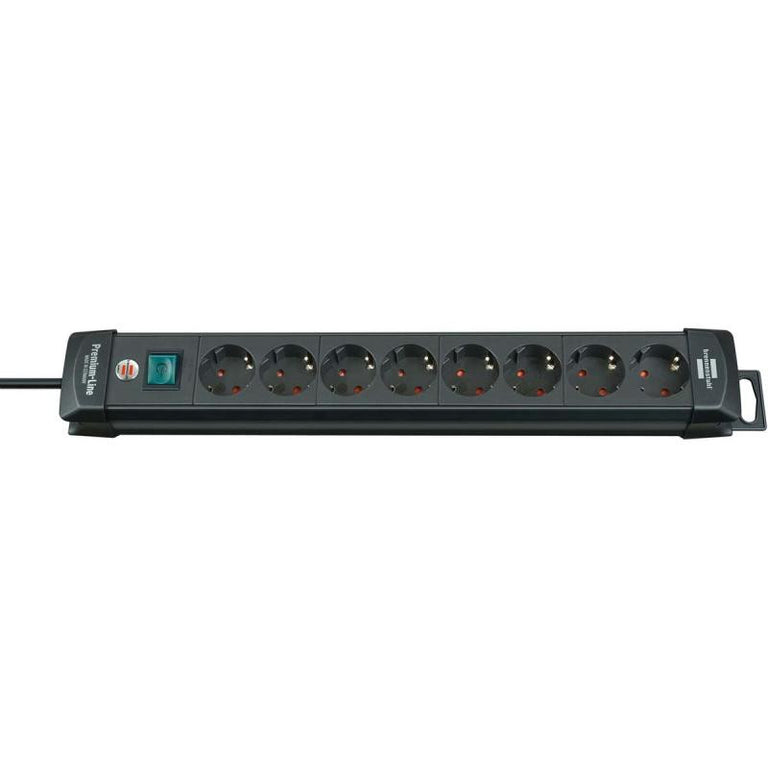 Régua de energia com 8 tomadas, 3 metros, 16 A e interruptor bipolar na cor preta.