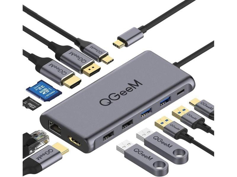 Base USB-C com 1 porta USB-C, 1 DisplayPort, 2 HDMI, 1 slot para cartão microSD, 1 slot para cartão SD, 1 porta RJ45, 3.0 e 4 portas USB 3.1. 