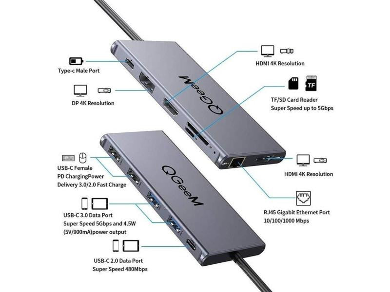 Base USB-C com 1 porta USB-C, 1 DisplayPort, 2 HDMI, 1 slot para cartão microSD, 1 slot para cartão SD, 1 porta RJ45, 3.0 e 4 portas USB 3.1. 