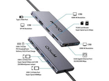 Base USB-C com 1 porta USB-C, 1 DisplayPort, 2 HDMI, 1 slot para cartão microSD, 1 slot para cartão SD, 1 porta RJ45, 3.0 e 4 portas USB 3.1. 