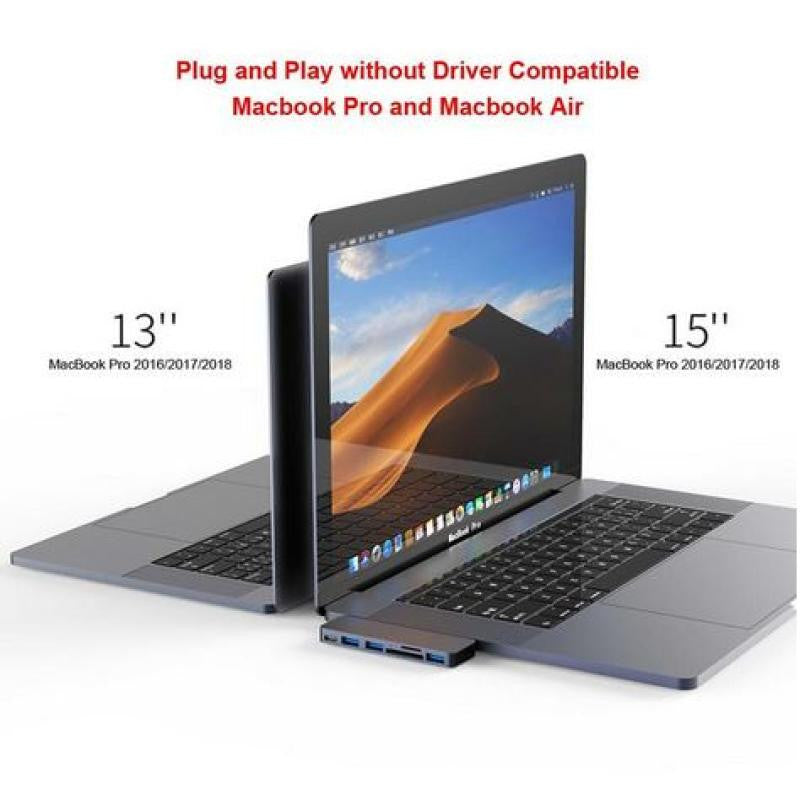 Hub USB com 2 portas USB-A, 3 portas USB, porta Thunderbolt e leitor de cartões SD/Micro SD. 