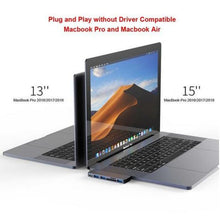 Hub USB com 2 portas USB-A, 3 portas USB, porta Thunderbolt e leitor de cartões SD/Micro SD. 
