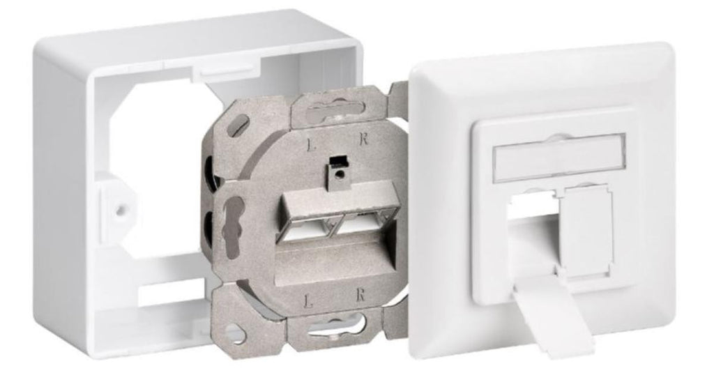 Caixa de parede universal CAT 6 com moldura de montagem UTP incluída.