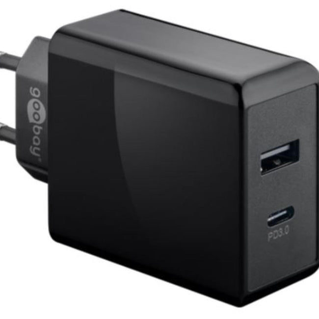 Carregador rápido duplo USB-C PD (Power Delivery) (28 W) preto