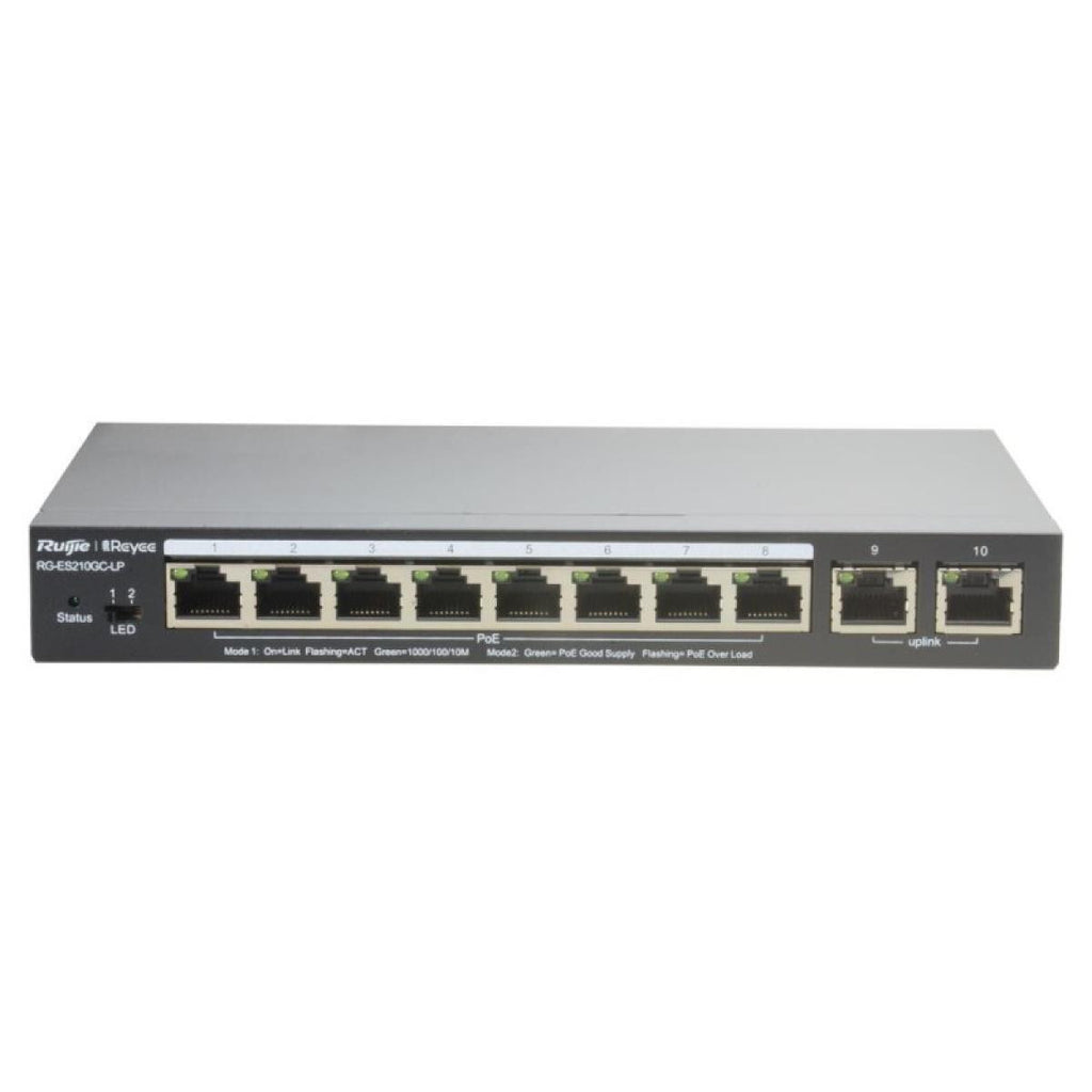 Reyee - Switch de secretária com 10 portas RJ45, velocidade de 10/100/1000 Mbps, consumo máximo de energia de 70 W, tecnologia de poupança de energia.
