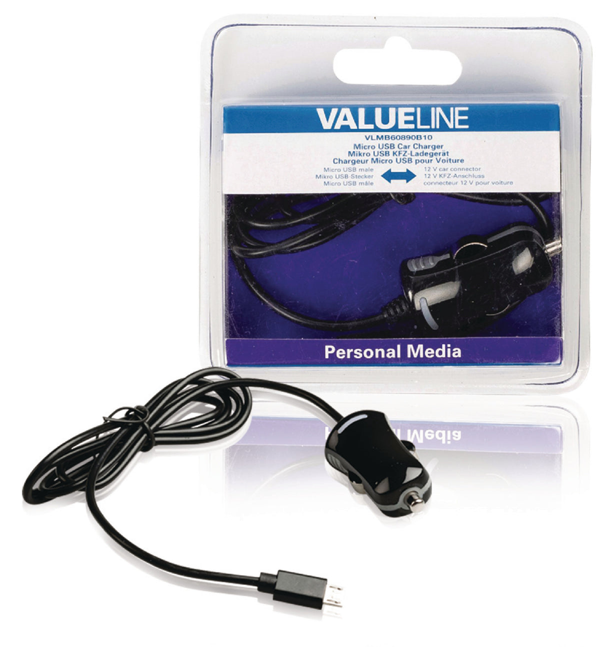 Cargador de coche a Micro USB 5v y 2.1A con Conector Automóvil de 12V y cable de 1 m en color Negro en blíster